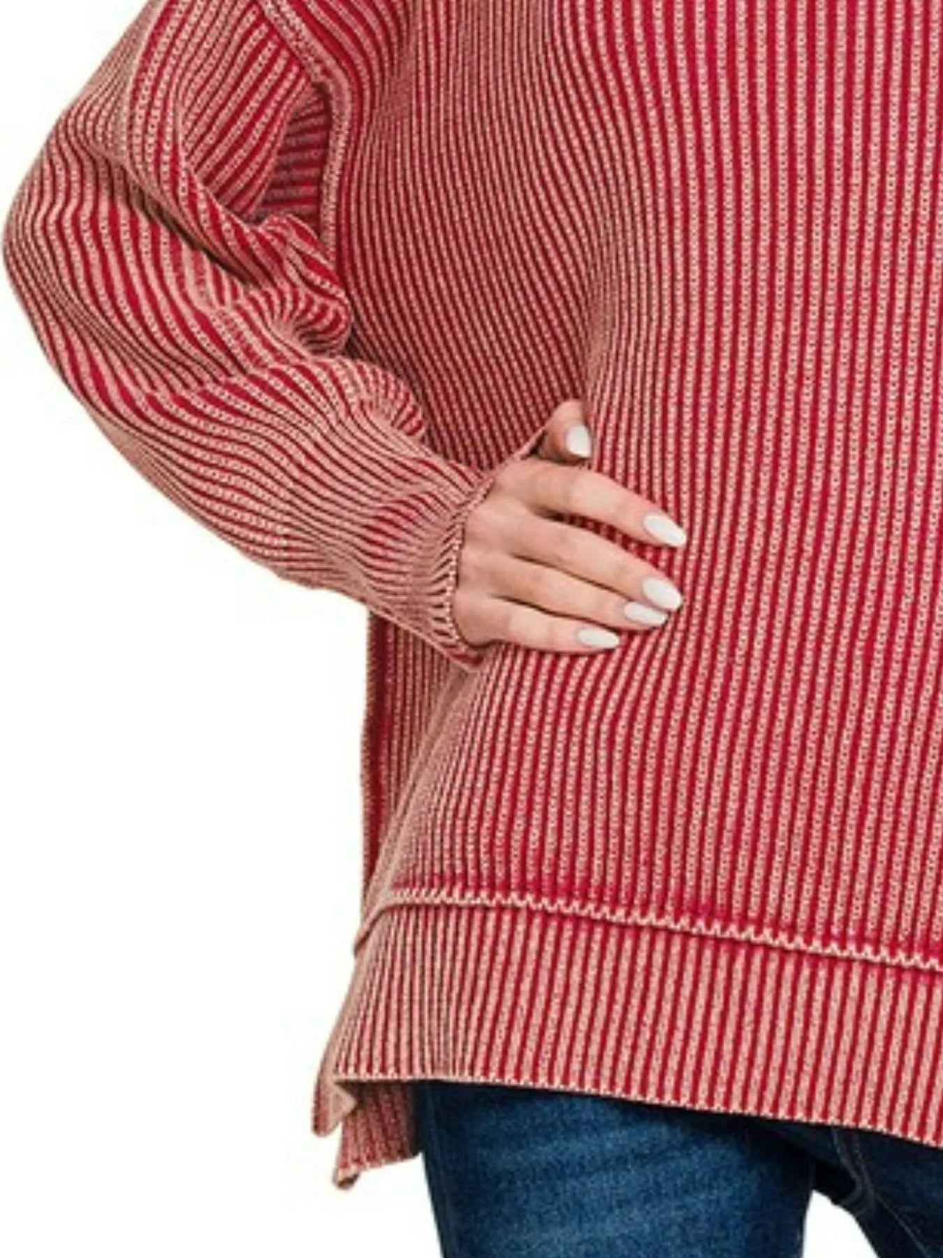 Zenana Dark Red Washed Side Slit Oversized Sweater