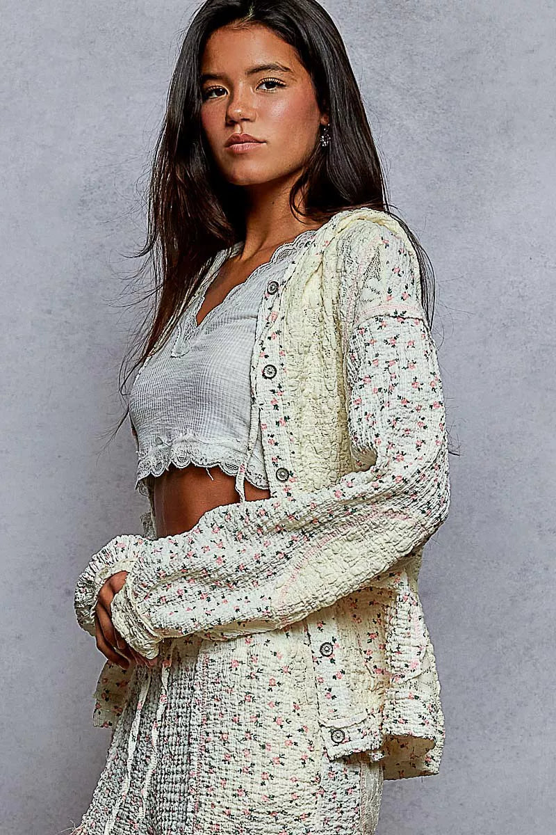 POL Cream Floral Balloon Sleeve Hooded Lace Jacket with Stitch Detail