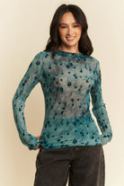 Davi & Dani Teal Floral Mesh Long Sleeve Sheer Layering Top TEAL