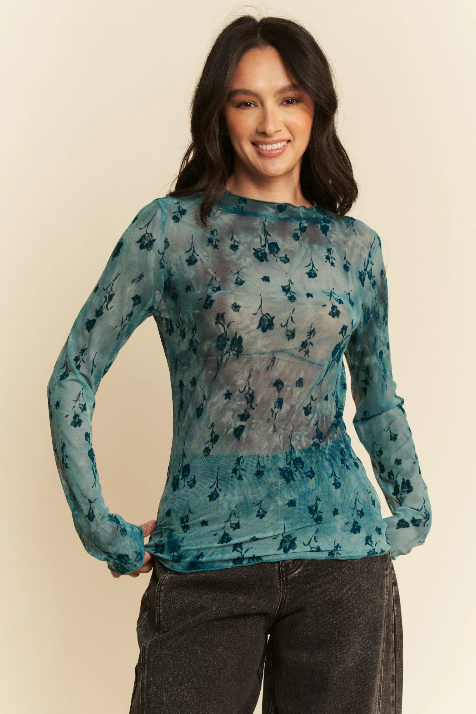 Davi & Dani Teal Floral Mesh Long Sleeve Sheer Layering Top TEAL