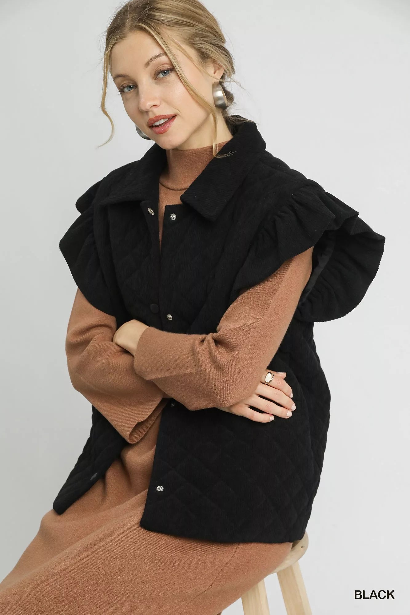 Umgee Black Corduroy Quilted Ruffle Sleeve Vest
