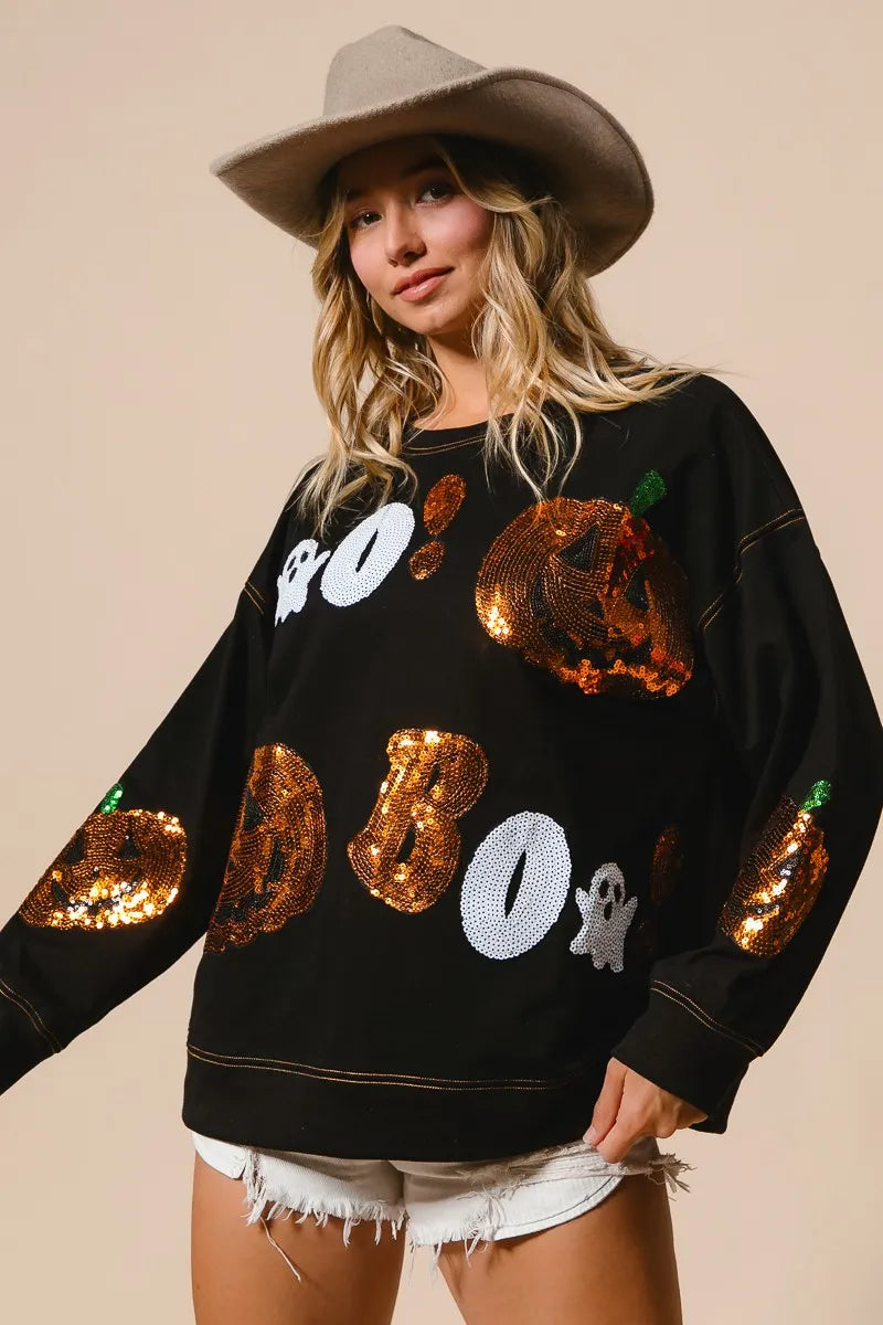 BiBi Black Halloween Theme Sequin Embroideries Sweatshirt