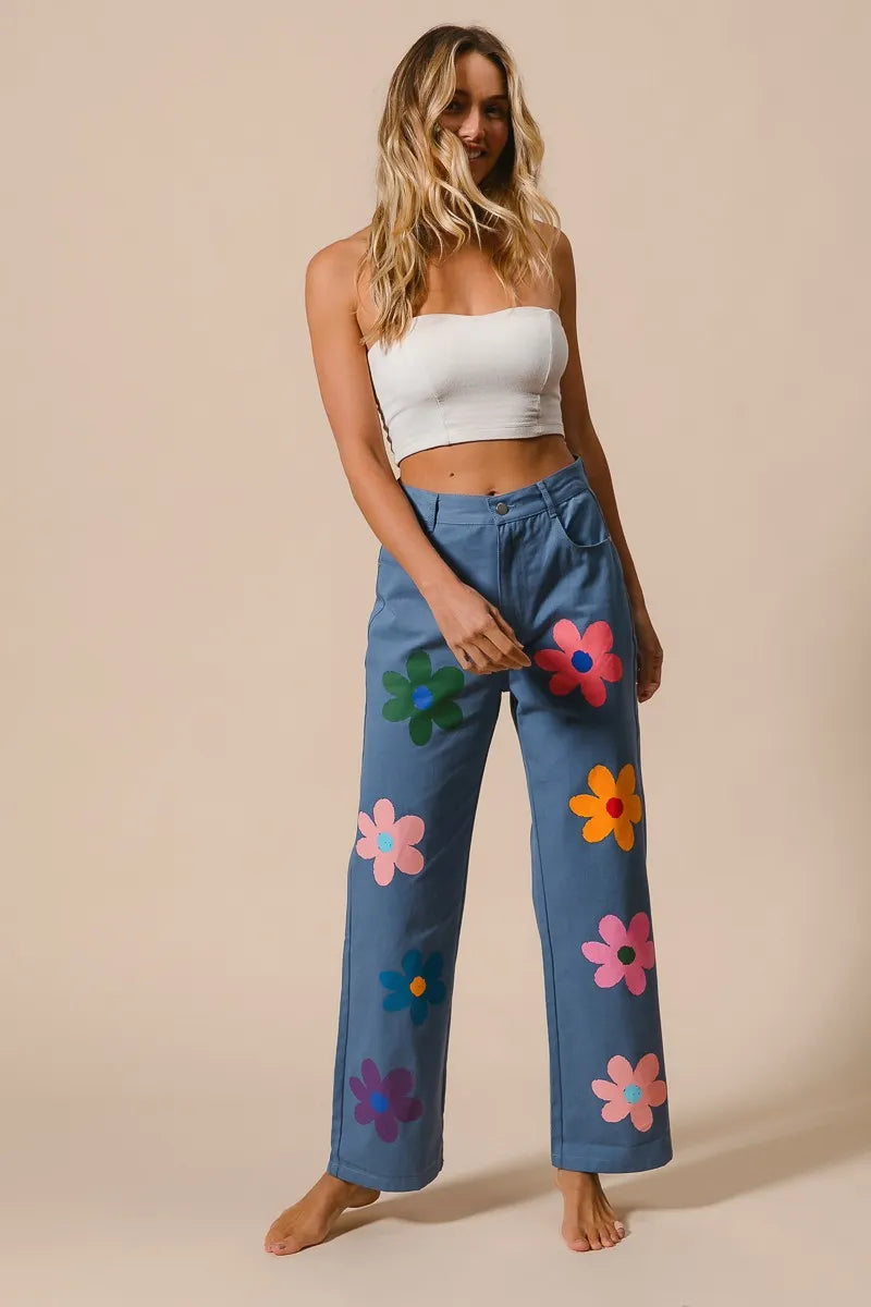 BiBi Flower Print Straight Legs Denim Pants