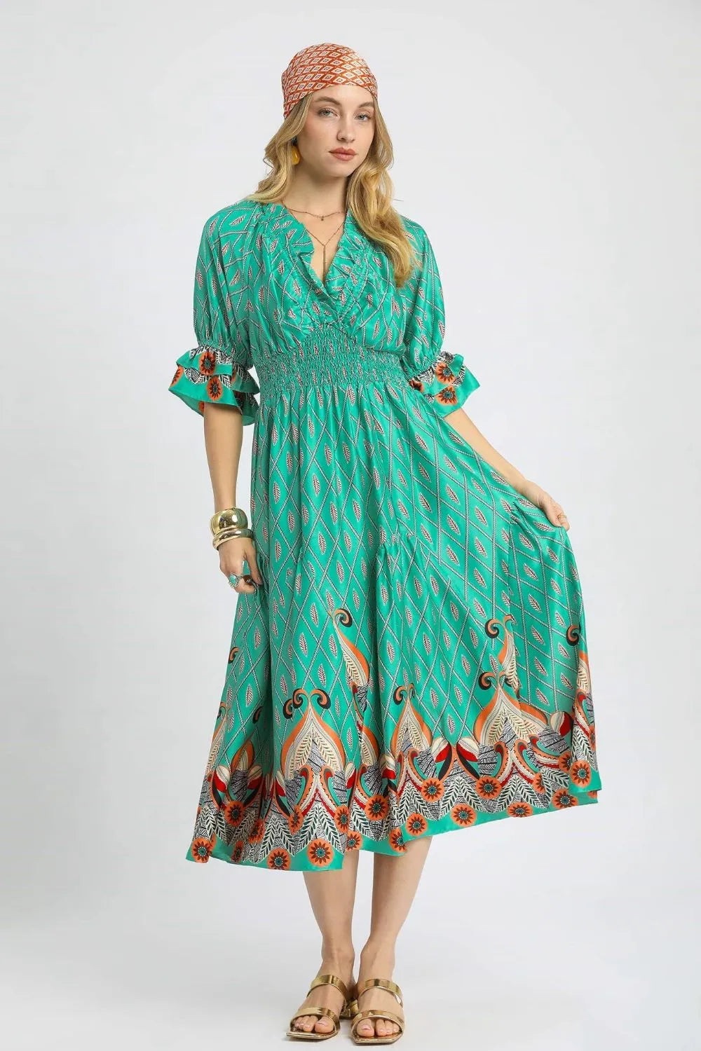 Umgee Turquoise Mint Boho Printed Smocked Waist Flounce Sleeve Midi Dress Turquoise