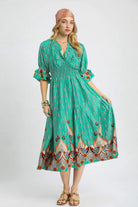 Umgee Turquoise Mint Boho Printed Smocked Waist Flounce Sleeve Midi Dress Turquoise