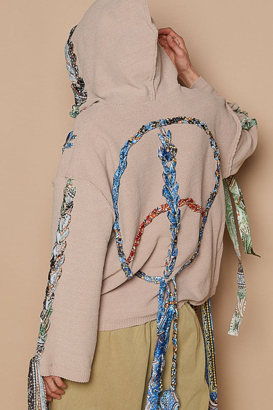 POL Contrast Thread Peace Back Hooded Sweater in Dust Storm Shirts & Tops