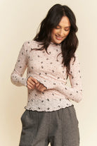 Davi & Dani Pink Ribbon Bow Lace Hem Long Sleeve Mesh Layering Top