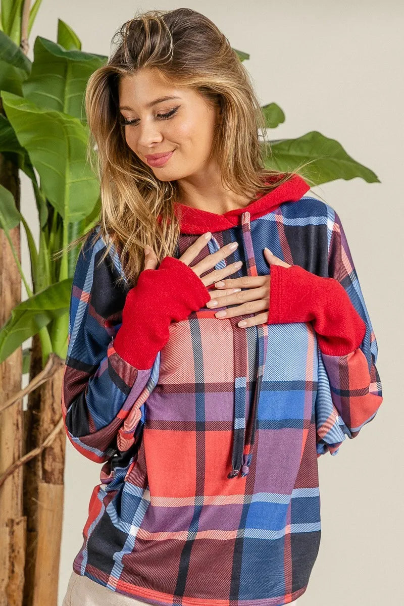 BiBi Red & Blue Plaid Brushed Rib Contrast Thumb Open Hoodie