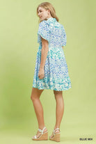 Umgee Blue Mixed Floral Tiered Mini Dress with Flutter Sleeves