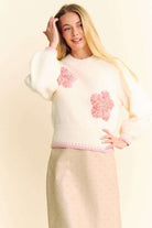 Davi & Dani Has Ivory Flower Patch Fuzzy Mock Neck Sweater