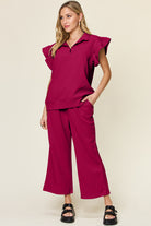 Double Take Quilted Textured Ruffle Short Sleeve Top and Drawstring Wide Leg Pants Set Deep Rose Trendsi