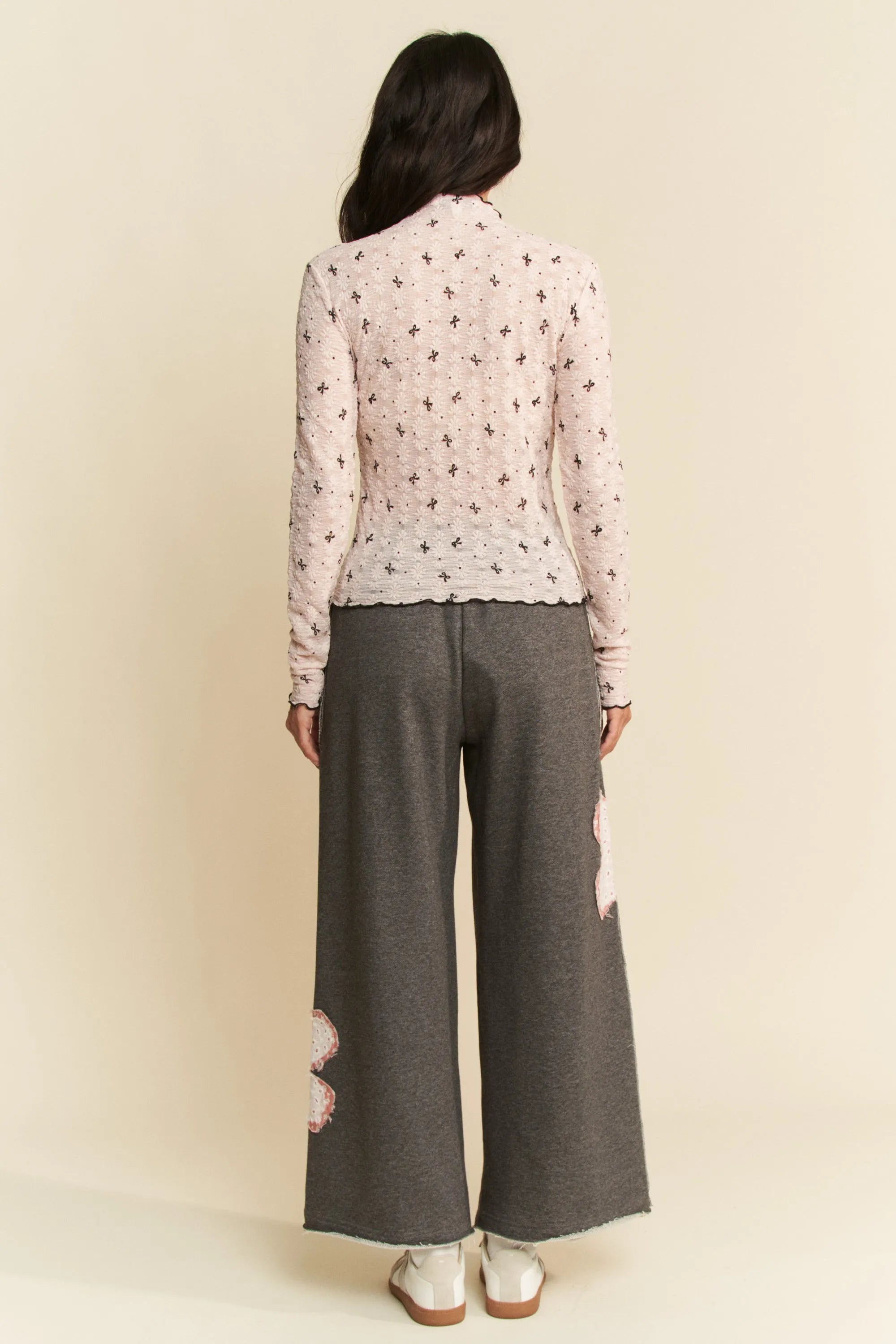 Davi & Dani Pink Ribbon Bow Lace Hem Long Sleeve Mesh Layering Top