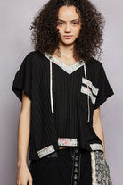 POL Black Short Sleeve Hooded Top with Back-Open & Pearl Detail BLACK