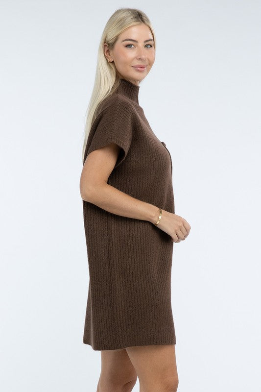 Zenana Mock Neck Short Sleeve Sweater Dress with Pocket in 6 Colors! ZENANA