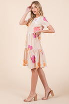 BOMBOM Apricot Floral Round Neck Short Sleeve Tiered Dress