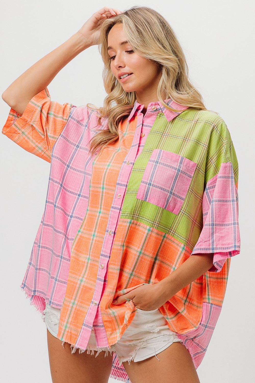 BiBi Pink Multi Plaid Collared Neck Half Sleeve Shirt Trendsi