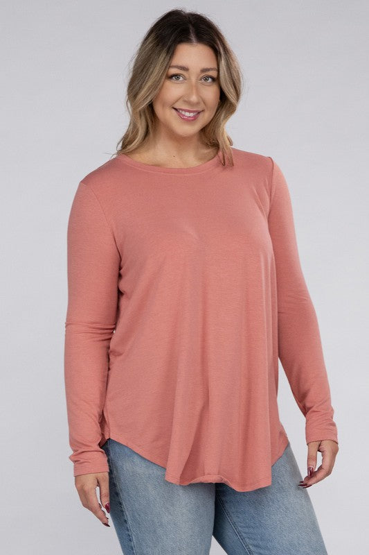 Zenana Plus Long Sleeve Round Neck Round Hem Top ZENANA