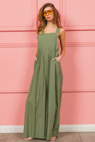 BiBi Dusty Sage Ruched Wide Leg Overalls with Pockets Trendsi