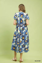 Umgee Tropical Floral V-Neck Flutter Sleeve Tiered Midi Dress