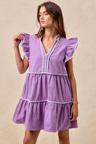 BiBi Purple Game Day Theme Contrast Binding Ruffled Dress
