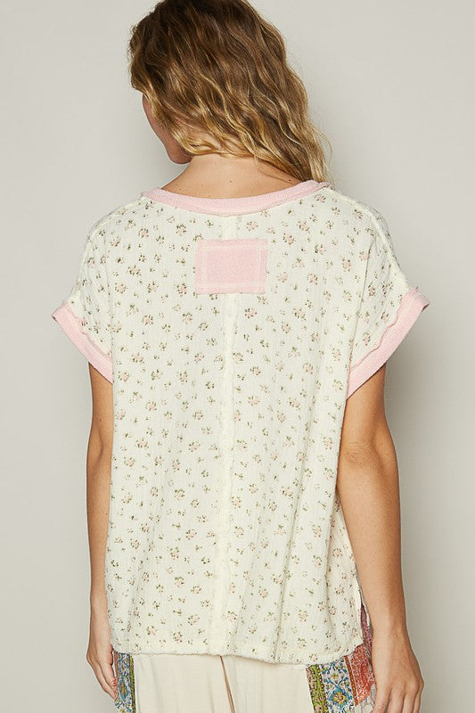 POL Natural/Pink Floral V-Neck Short Sleeve T-Shirt