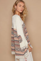 POL Buttermilk Bohemian Geometric Print Long Sleeve Top with Lace Trim