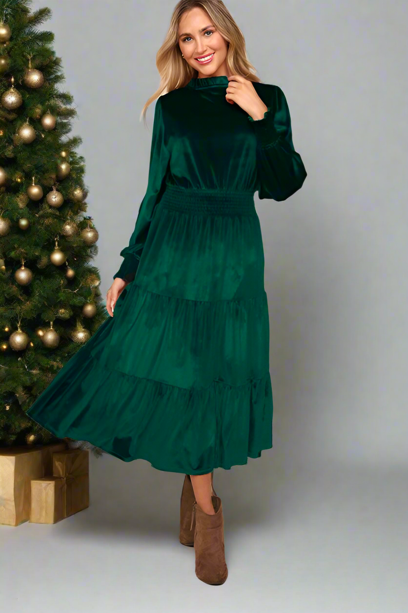 Haptics Hunter Green Velvet Mock Neck Smocked Waist Dress Haptics