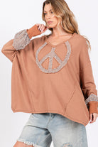 SAGE + FIG Camel Peace Sign Mineral Wash Terry Top Trendsi