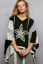 POL Floral Star Patch Hooded Blouse with Lace Contrast Detail in Black