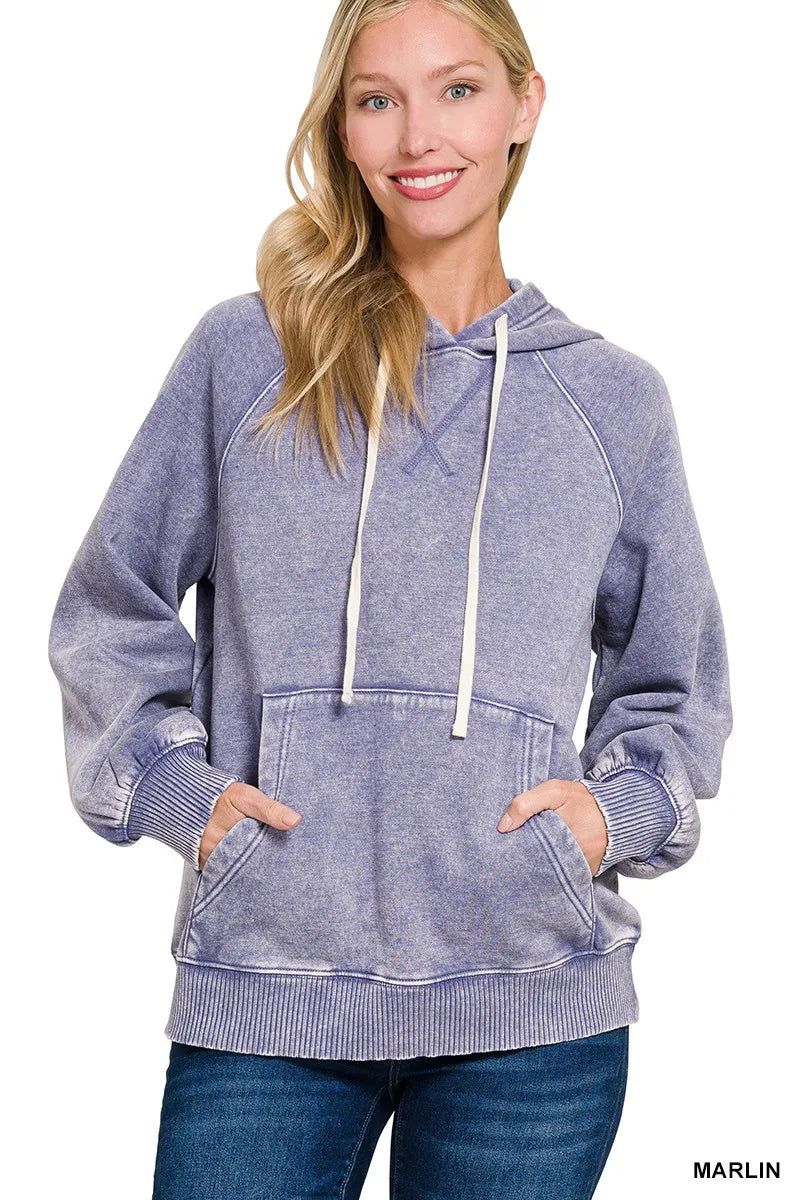 Zenana Marlin Acid Wash Fleece Hoodie with Kangaroo Pocket MARLIN
