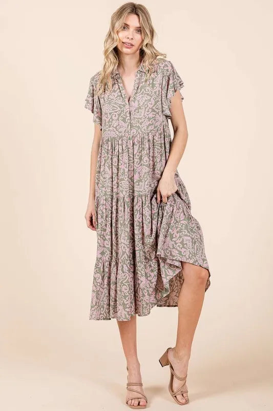 Mittoshop Abstract Print Ruffle Tier Midi Dress in Sage