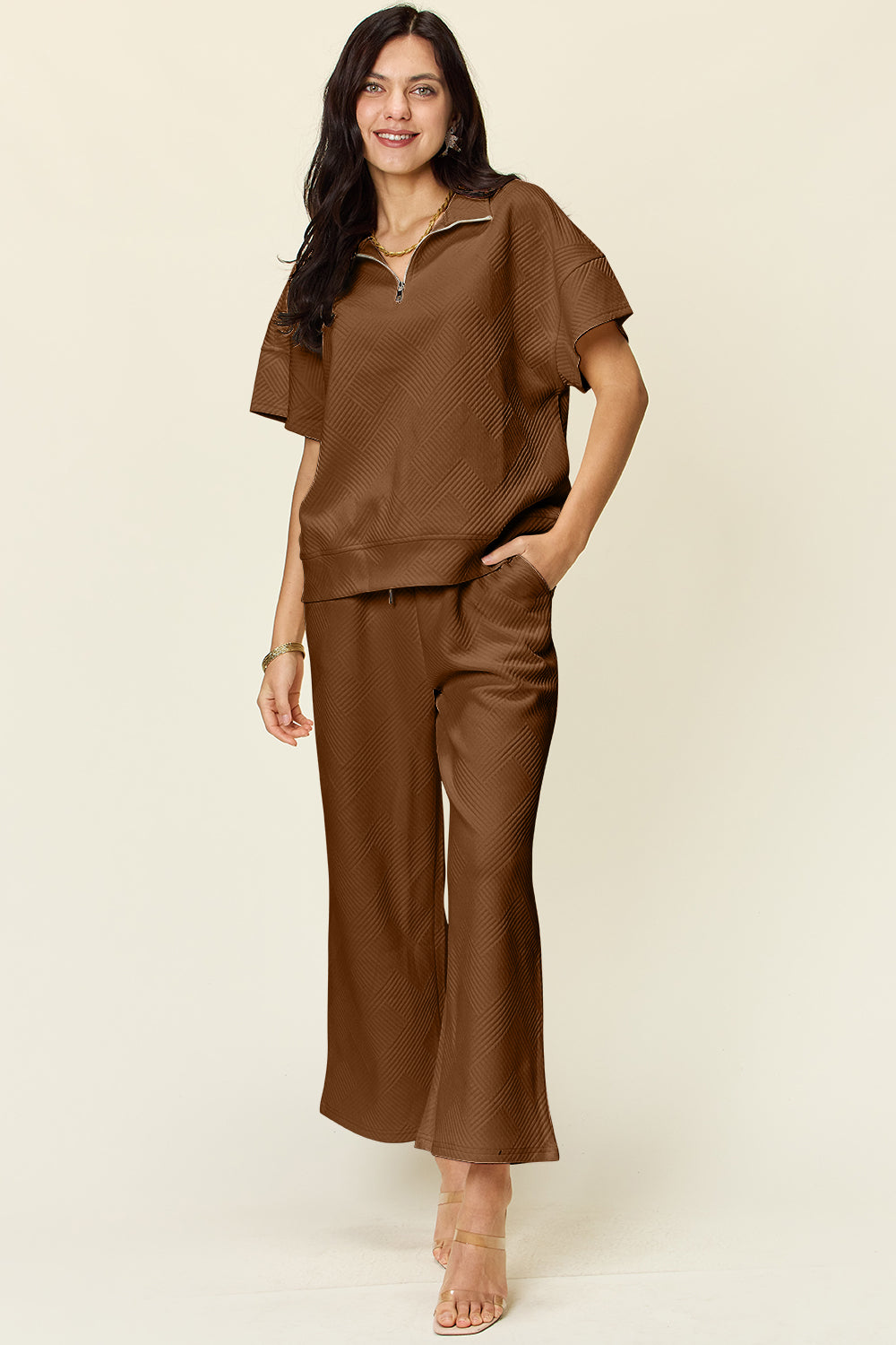 Double Take Quilted Textured Half Zip Short Sleeve Top and Pants Set Mocha Trendsi