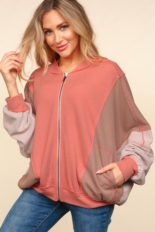 Haptics Camel Dolman Sleeve Colorblock Knit Bomber Jacket Haptics