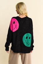 Davi & Dani Black Contrast Smile Printed Round Neck Oversize Sweater Shirts & Tops