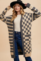 Annie Wear Dark Gray Checkered & Striped Open Front Long Sleeve Cardigan