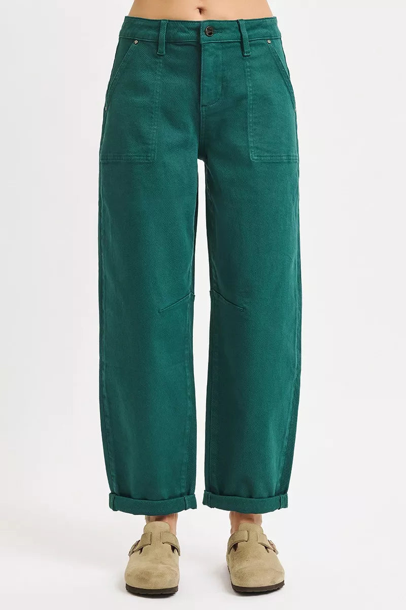 RISEN Hunter Green High Rise Ankle Cuffed Barrel Pants
