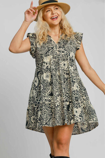 Umgee Black & Ivory Printed Ruffle Cap Sleeve Babydoll Dress