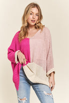 ADORA Hot Pink Side Slit Color Block Long Sleeve Sweater