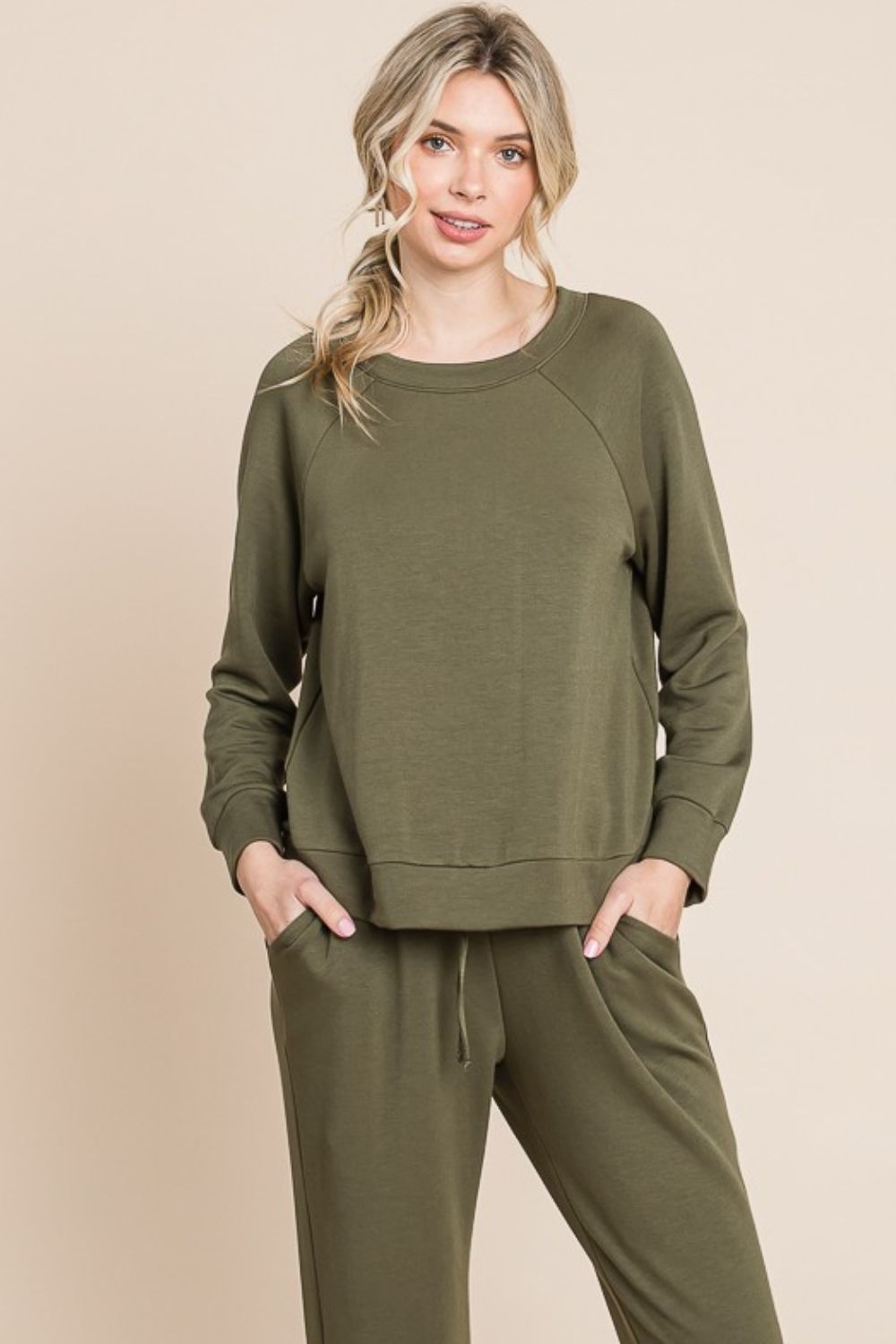 Super Lady Olive Fleece Round Neck Raglan Sleeve Top and Pants Lounge Set Olive Trendsi