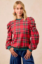 BiBi Christmas Plaid Exaggerated Shoulder Sleeves Top RED PLAID
