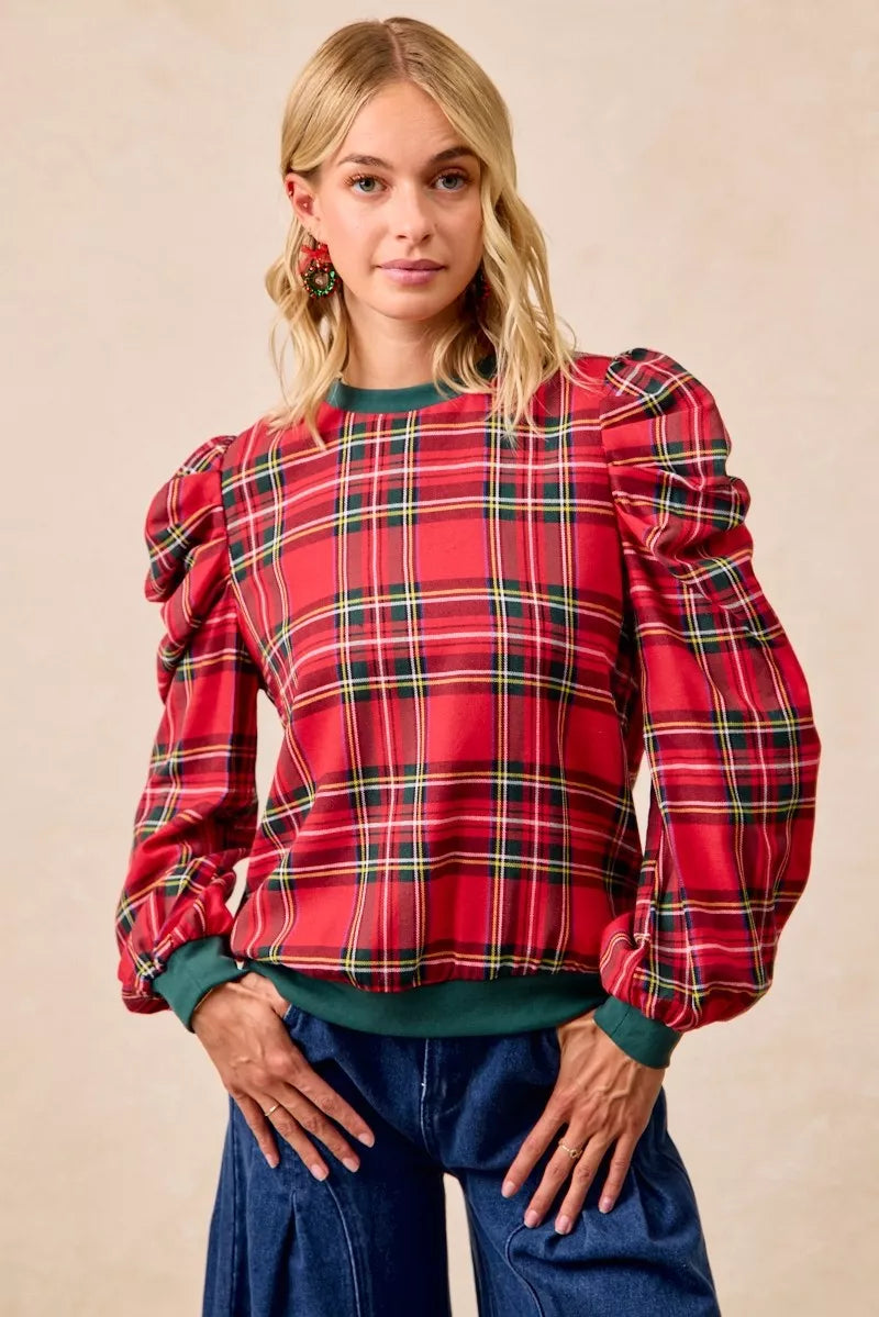 BiBi Christmas Plaid Exaggerated Shoulder Sleeves Top RED PLAID