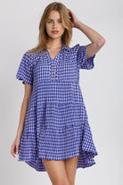 Umgee Gingham Tiered Button Detail Short Sleeve Dress Blue