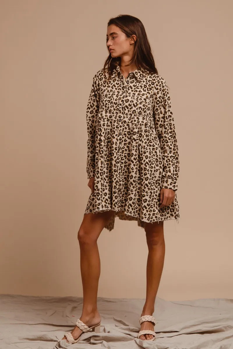 BiBi Oatmeal Washed Denim Button Down Dress with Side Pocket