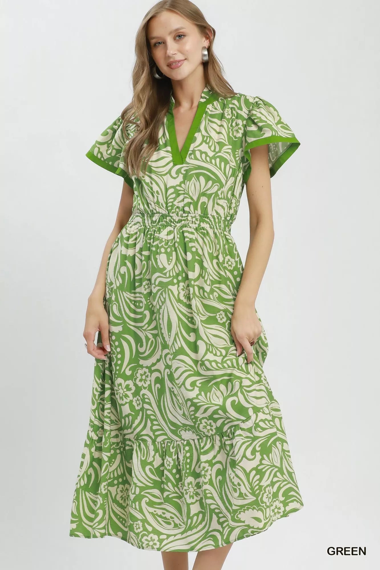 Umgee Green Paisley Print Midi Dress with Side Pockets GREEN