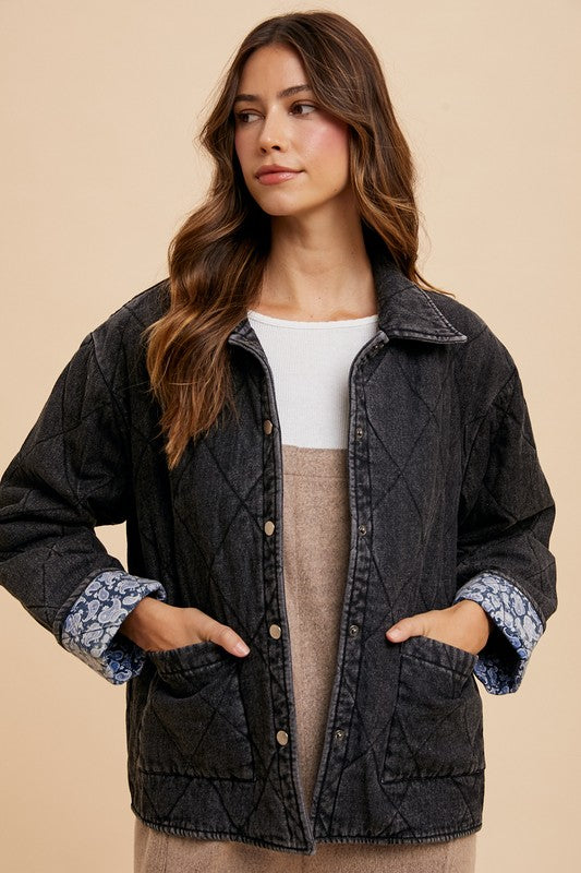 Annie Wear Black Quilted Printed Lining Snap Down Denim Jacket Black