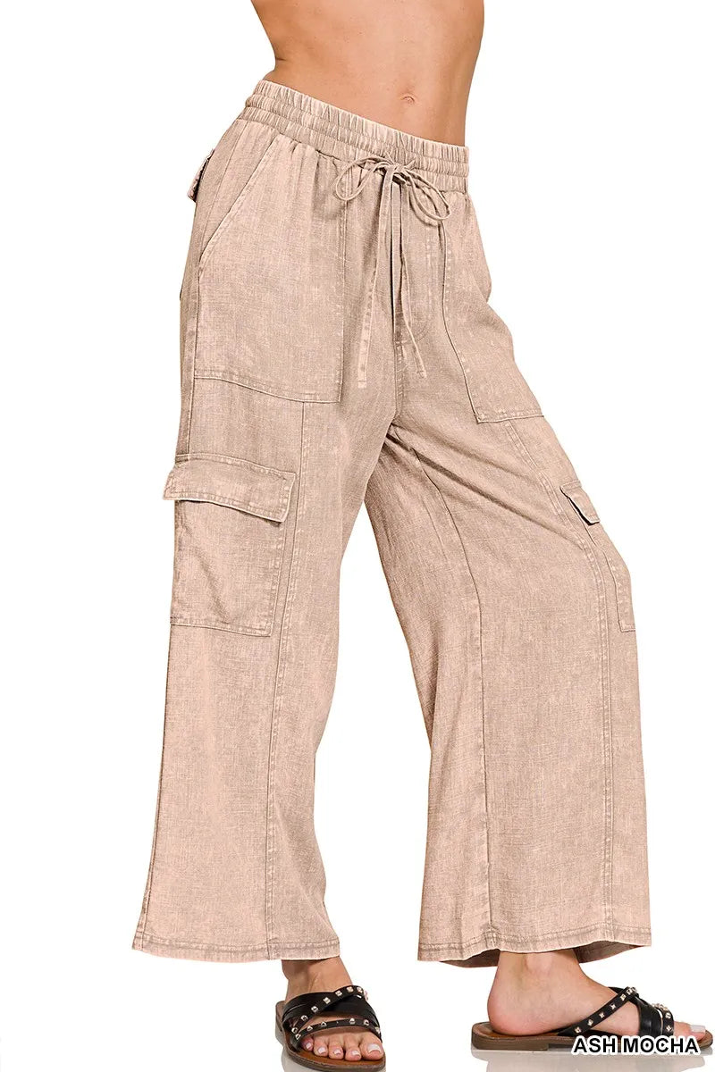 Zenana Ash Mocha Washed Linen Elastic Band Waist Cargo Pants