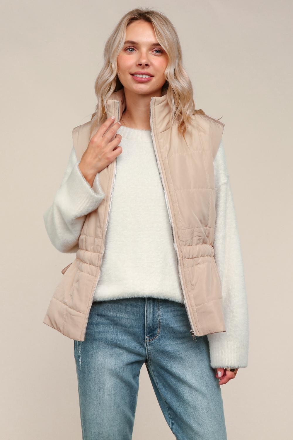 Haptics High Nevk Quilted Zip Up Tan Puffer Vest