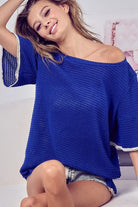 BiBi Royal Blue Popcorn Waffle Knit Top with Pompom Lace