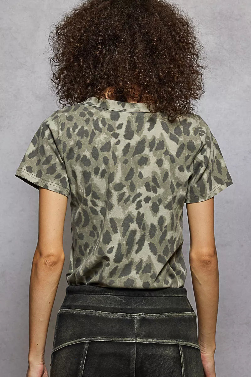 POL Grey Leopard Printed V-Neck Short Sleeve T-Shirt