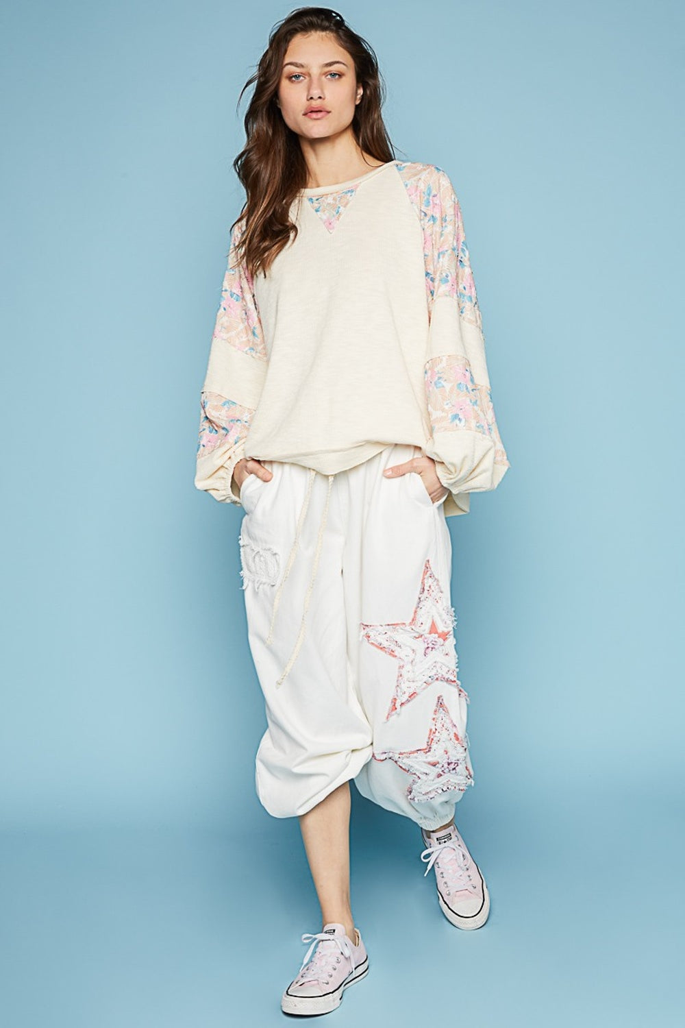 POL Round Neck Balloon Floral Long Sleeve Top Trendsi